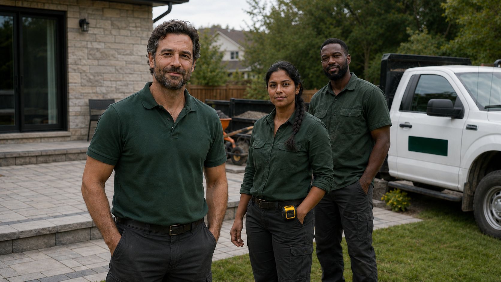 Three Cedarline crew members in dark green work shirts standing on a finished paver patio beside the company truck.