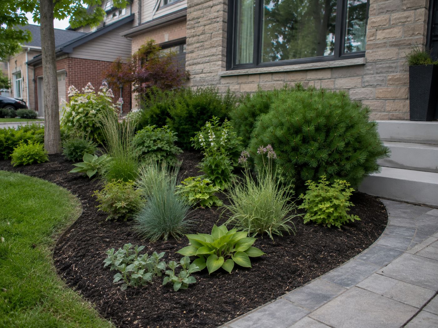 A refreshed front entrance with a mulched planting bed of shrubs and ornamental grasses beside a paver walkway and steps.