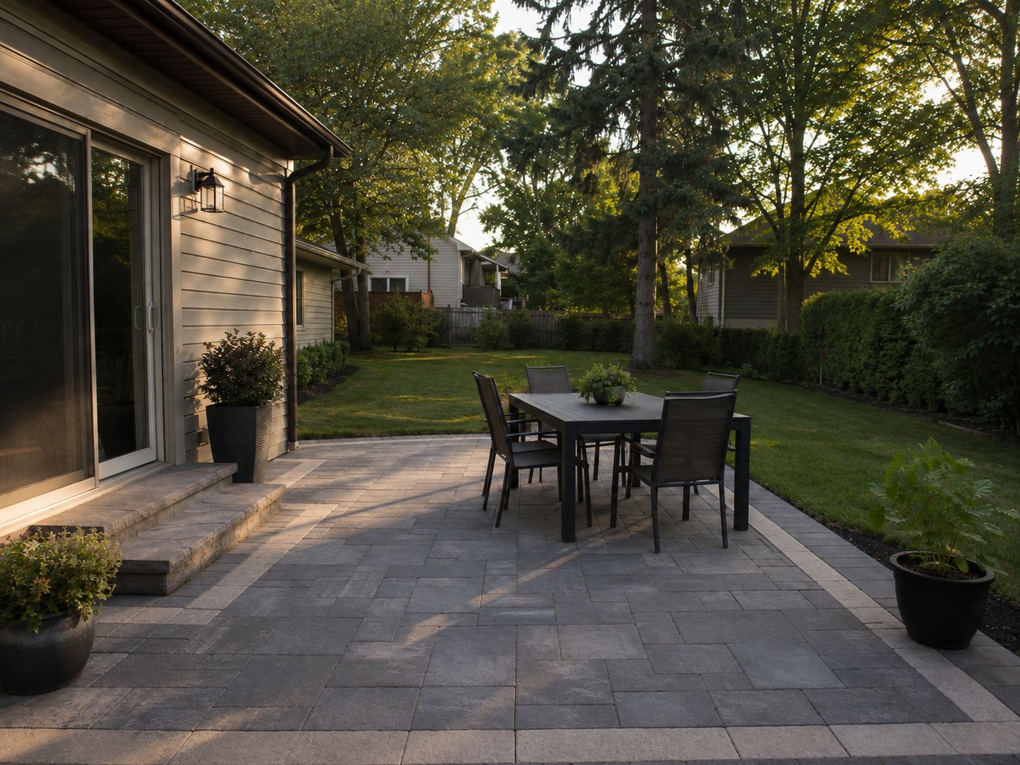 A finished interlock patio with a dining table beside a home at golden hour, with lawn and mature trees beyond.