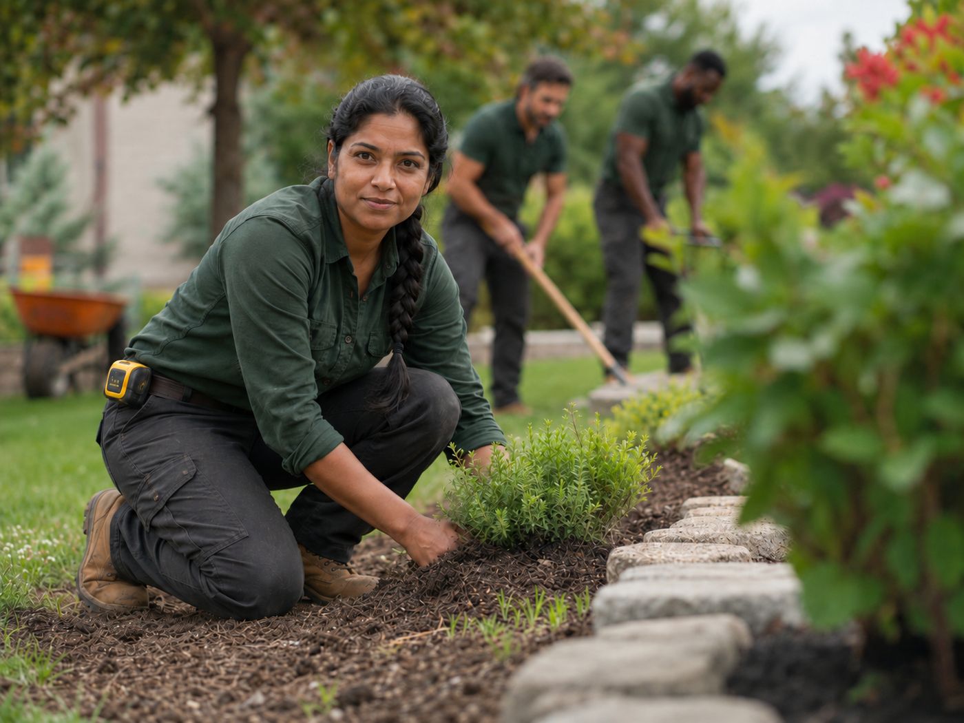 A Cedarline crew member setting a shrub into a mulched bed edged with stone, with two colleagues working in the background.