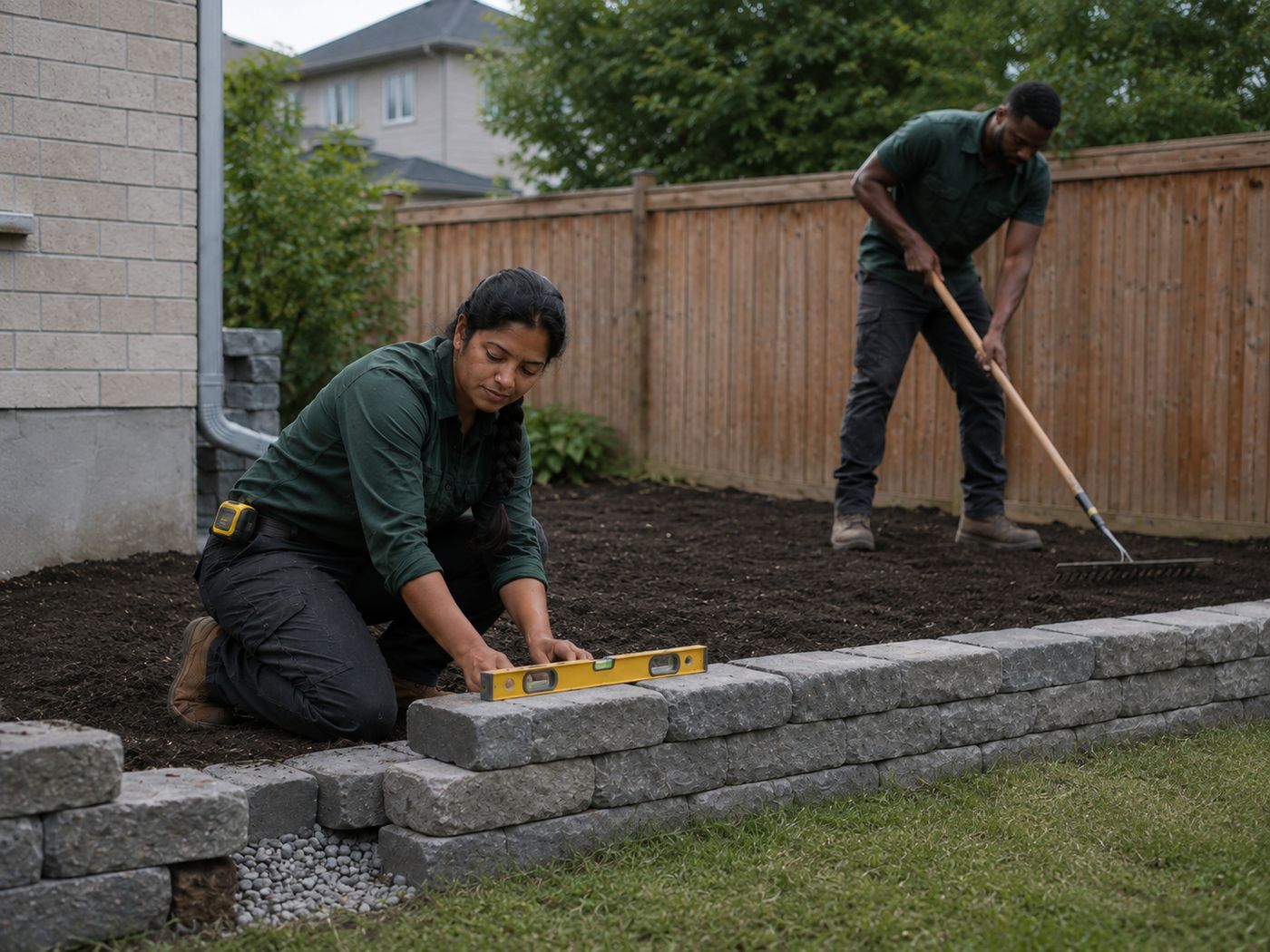 Two Cedarline crew members setting a compact retaining edge with a level while a garden bed is raked smooth behind it.