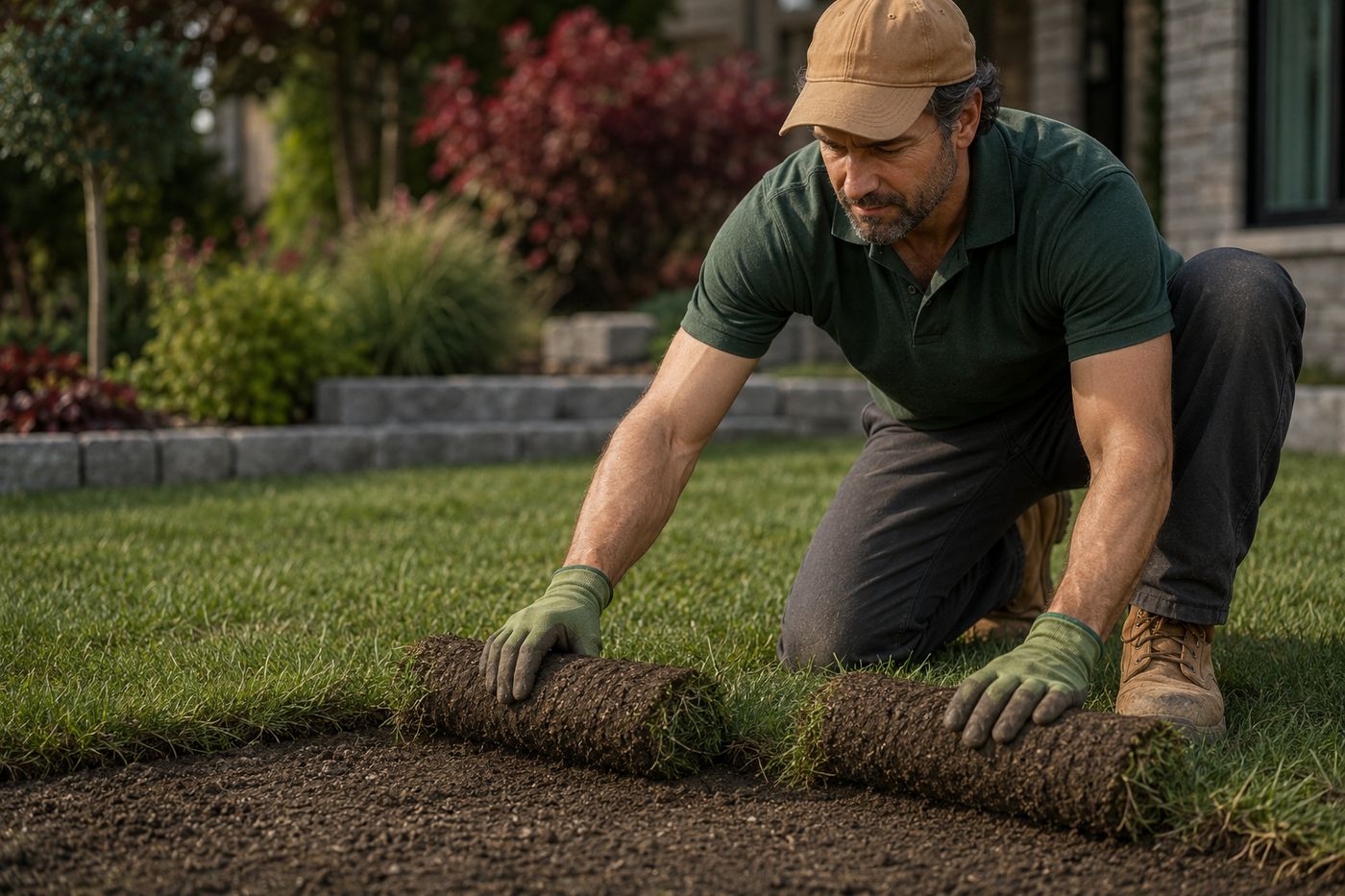 A Cedarline crew member unrolling fresh sod across prepared soil beside a stone garden edge.