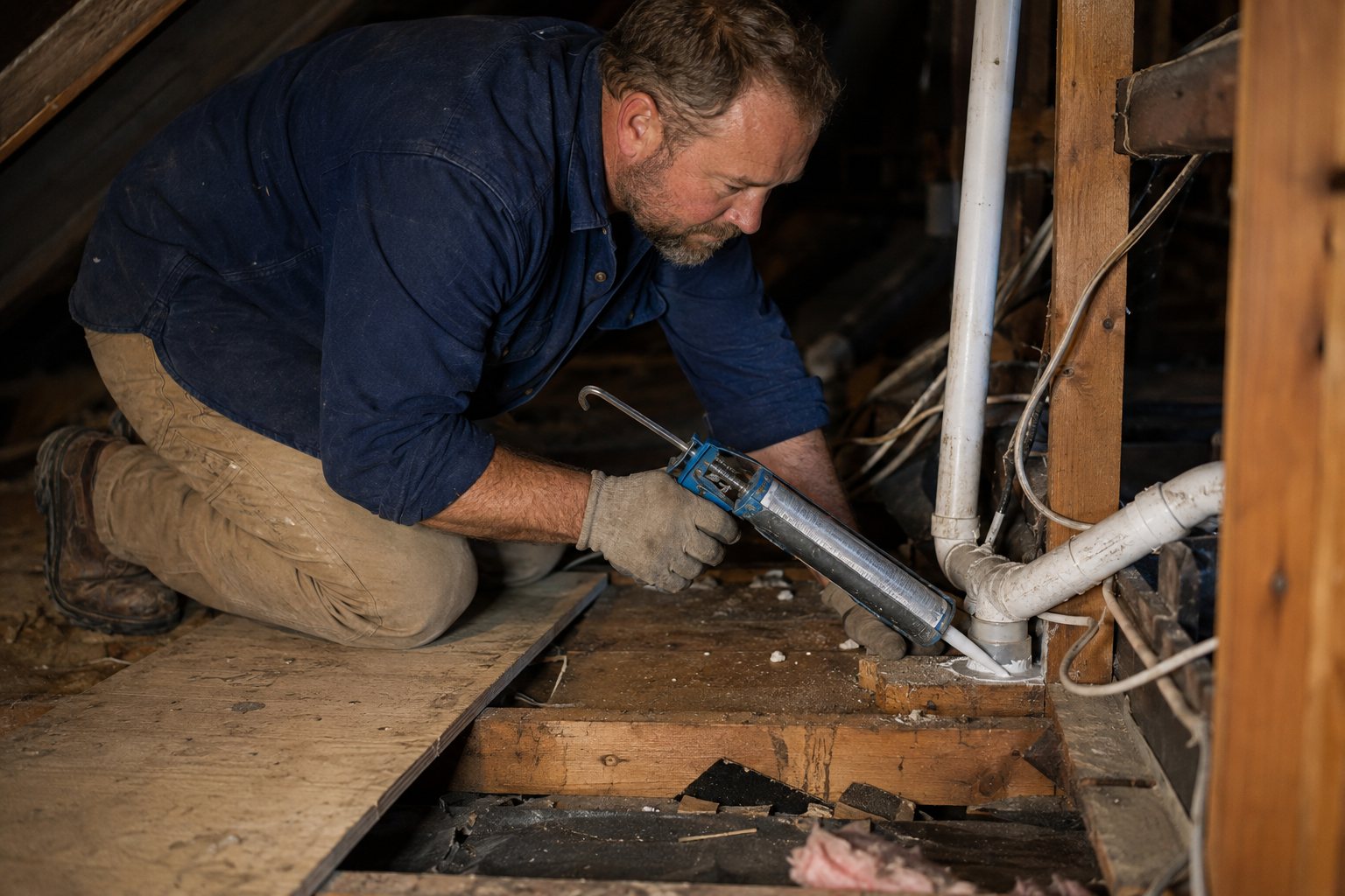 Jonas sealing around a plumbing stack where it passes through the attic floor