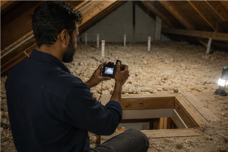 Dev photographing the finished attic from the hatch