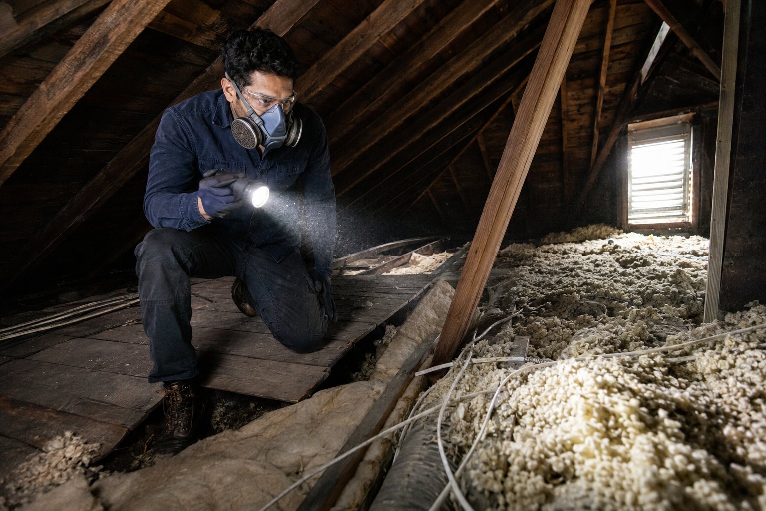 Dev inspecting attic insulation by flashlight wearing a respirator