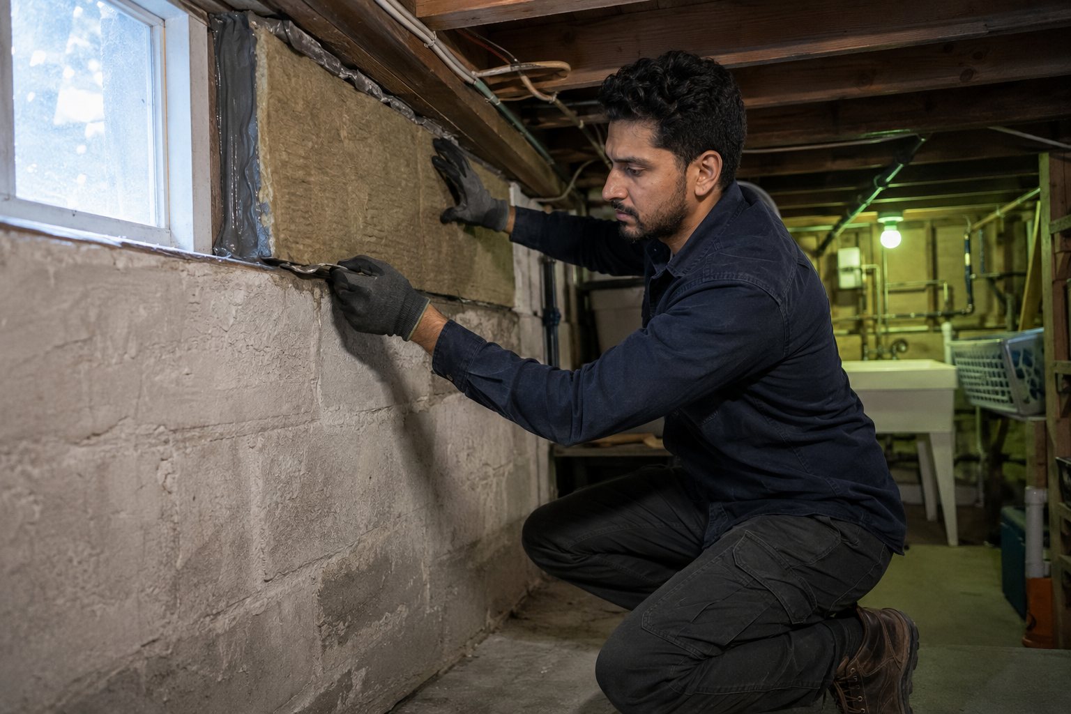 Dev sealing and insulating a rim joist above a basement foundation wall