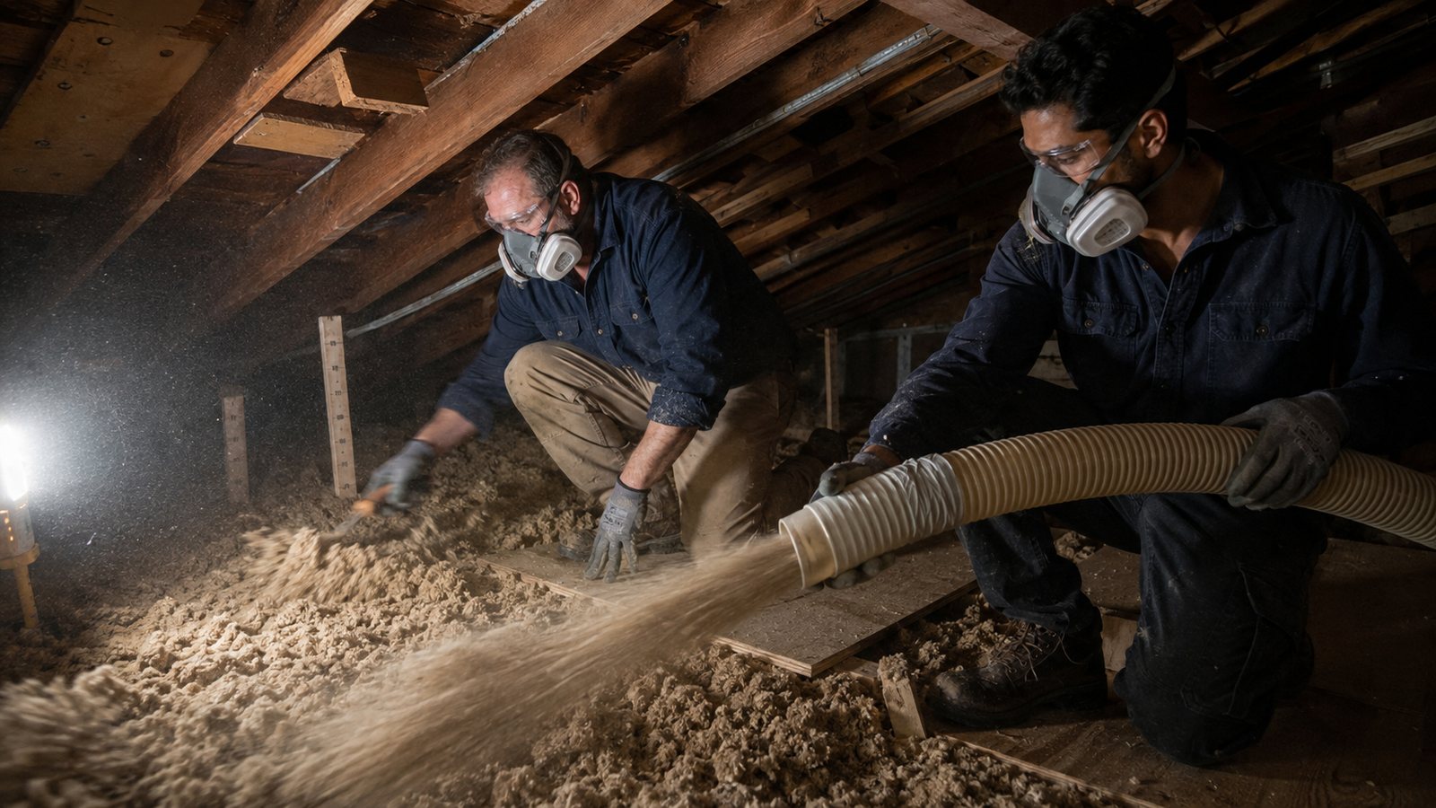 Two crew members installing blown-in insulation to an even depth