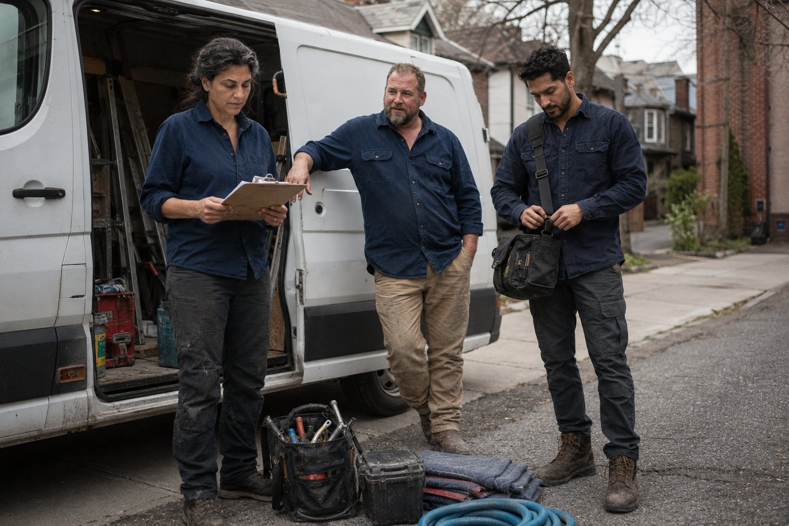 Mara, Jonas and Dev reviewing the day's work order at the back of the van