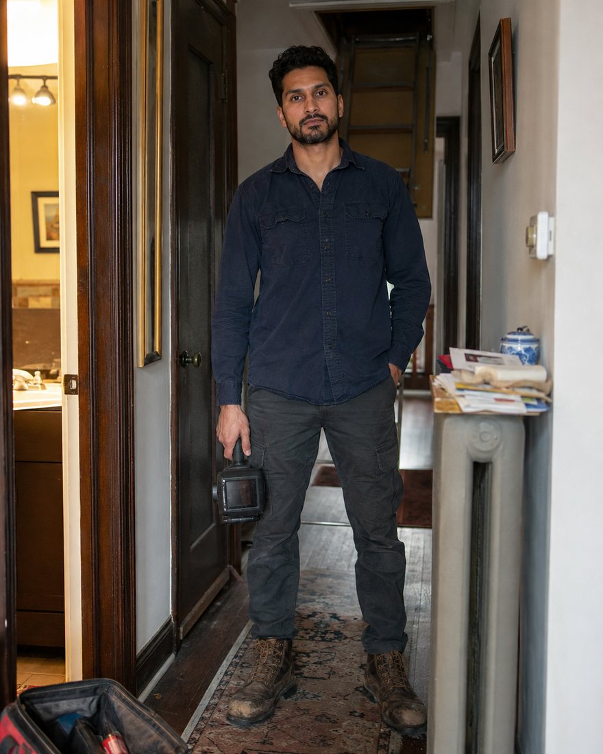 Dev Arclen in a hallway holding a thermal camera