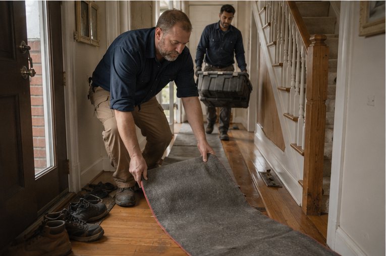 Jonas rolling out a protective floor runner in a hallway while Dev carries in a case