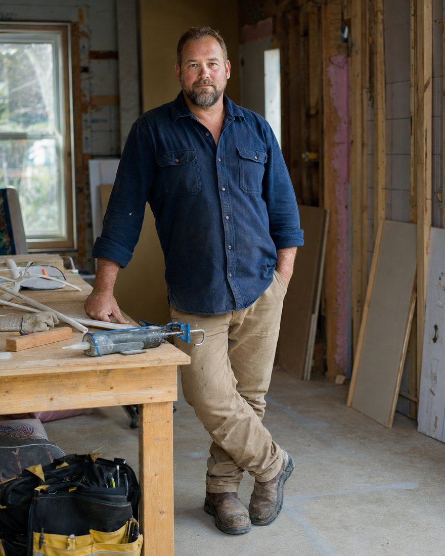 Jonas Elleryn beside a work bench in a house under renovation