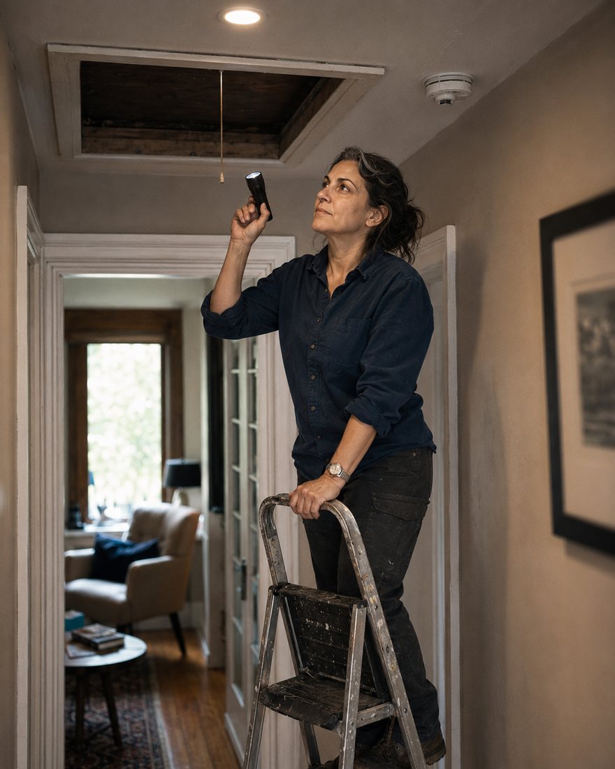 Mara opening a hallway attic hatch from a step ladder