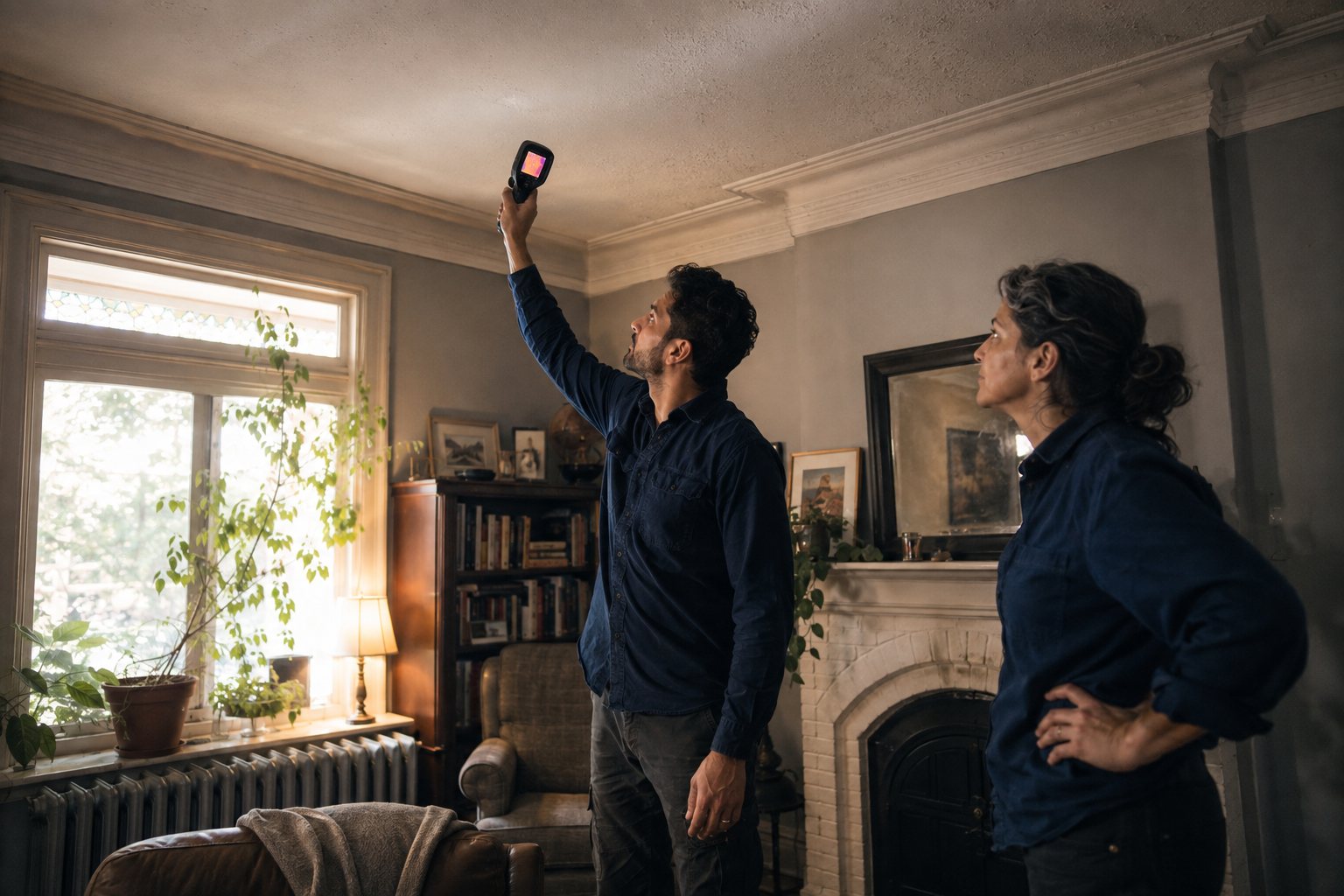 Dev using a thermal camera on a living room ceiling while the homeowner watches